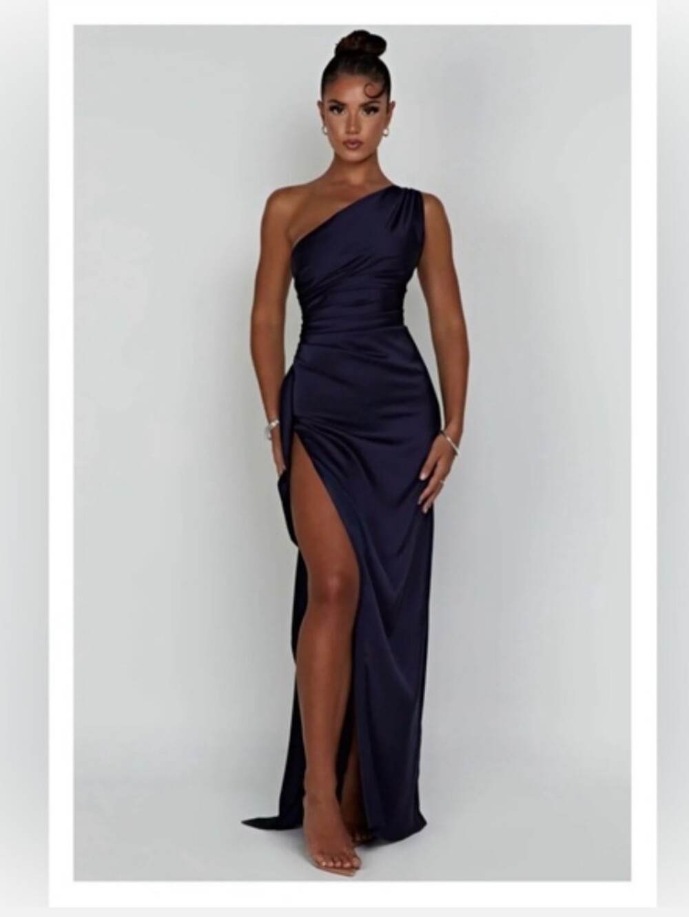 One-Shoulder Navy Evening Gown with Side Slit